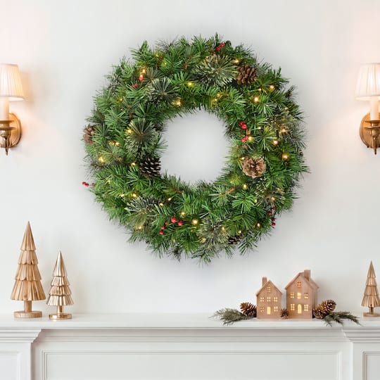 Puleo International 24" Pre-Lit Pine with Pinecones & Red Berries Artificial Wreath